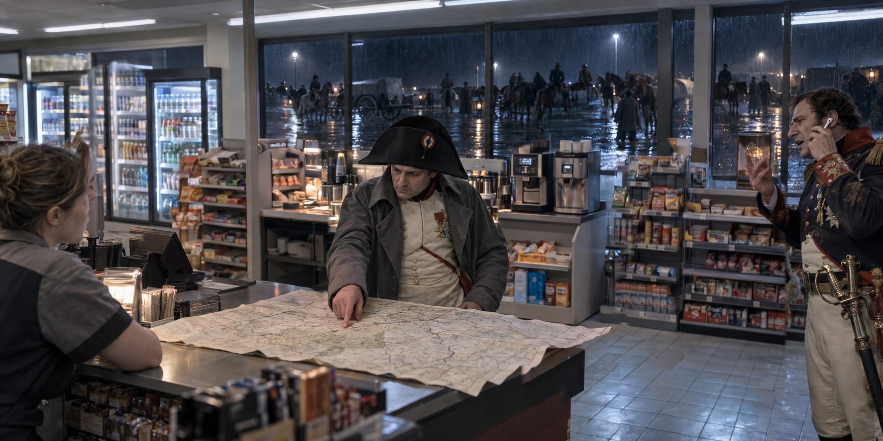 An imagined night stop: Napoleon planning over a map spread on a convenience store counter, an officer on a mobile phone beside him, his cavalry waiting in the rain outside